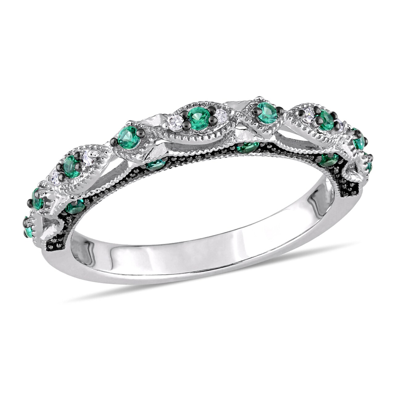 Gem And Harmony 1/5 Carat (ctw) Lab-Created Emerald Anniversary Band Ring in 10K White Gold